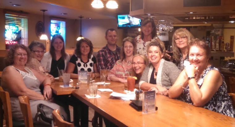 After the event - a few of us met in the bar to relax and the authors joined us.  Mixed in this group are Catherine McKenzie, Benjamin Percy, Barbara Claypole White, and Lorna Landvik.